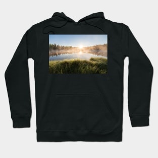 Sunrise at foggy forest lake Hoodie